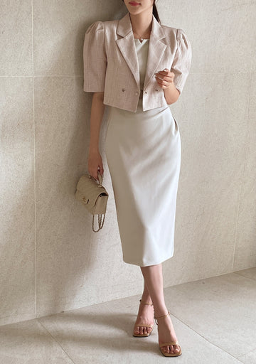 Beilb Linen Puff Collar Check Crop Jacket